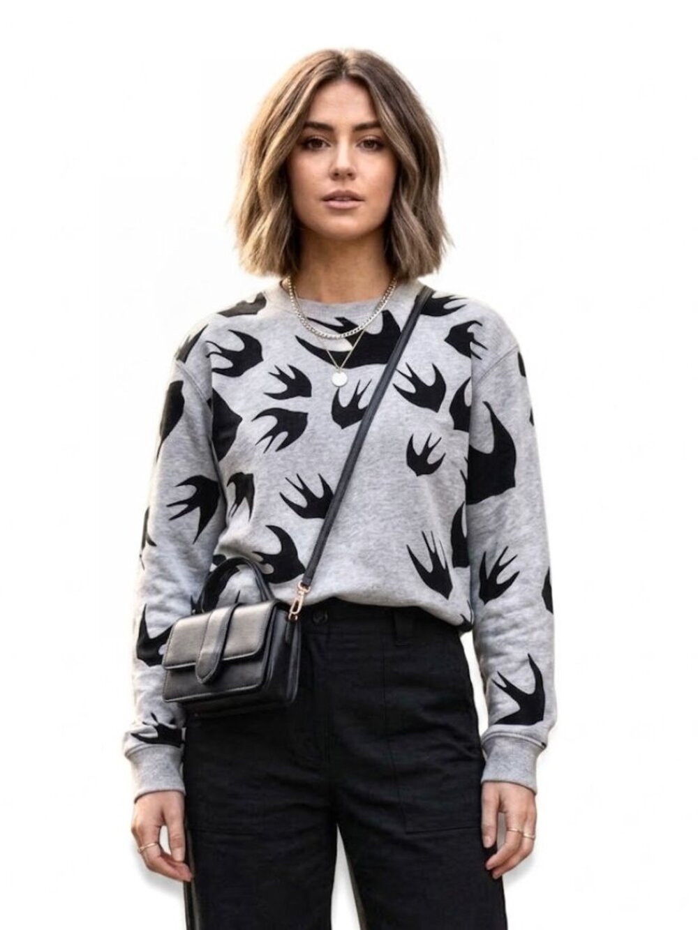 McQ Alexander McQueen Swallow Crewneck Sweatshirt, Gray & Black, Womens Size XS